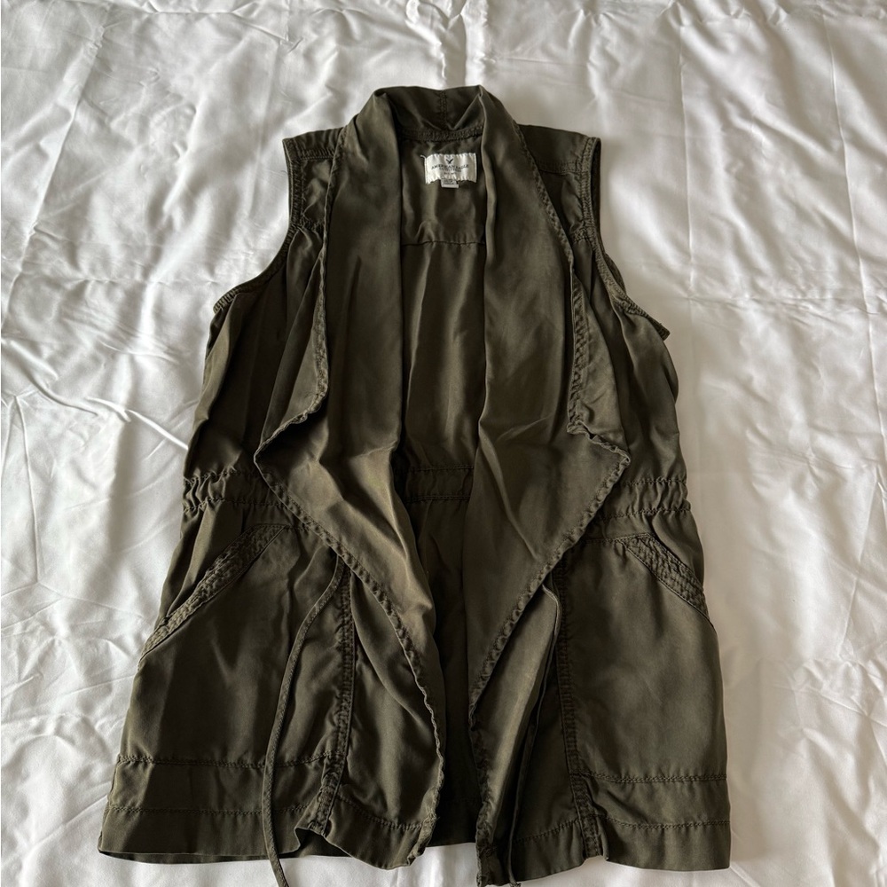 Olive Green Draped Front Cargo Vest With Drawstring Waist